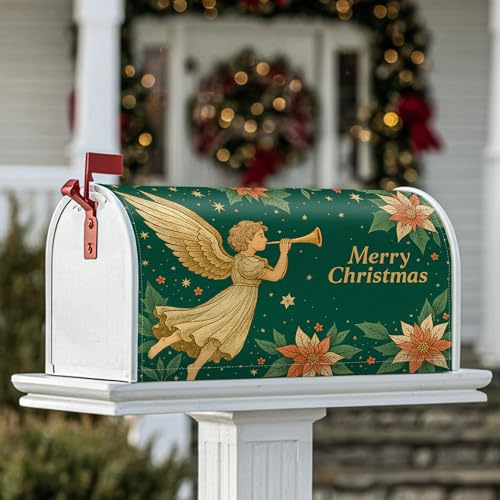 Fundas magnéticas para buzón de correo de ángel, diseño de trompeta festiva de Navidad, color verde, para decoración de patio delantero, 21 x 25.5 pulgadas