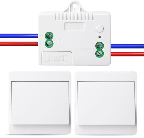 Juego de 2 interruptores de luz inalámbricos, 220 V, interruptor de pared inalámbrico, IP44, resistente al agua, para oficina en casa, sin cableado, alcance de hasta 100 m (1 receptor y 2 paneles de