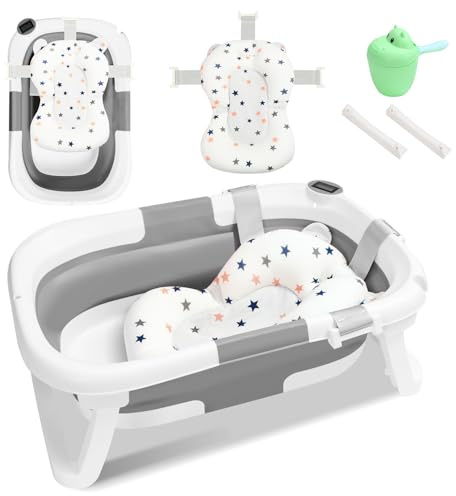 Hebitod Vikbart babybadkar grått, dubbelt fällbart babybadkar med mjuk badkudde, halkfri design och färgskiftande vattenpropp för nyfödda och småbarn 0–12 månader