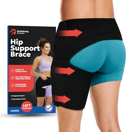 ARMSTRONG AMERICA Hip Brace Thigh Compression Sleeve – Hamstring Compression Sleeve & Groin Compression Wrap for Hip Pain Relief. Support for Hips, Sciatica, Quad Muscle Strains (Left, Small/Medium)