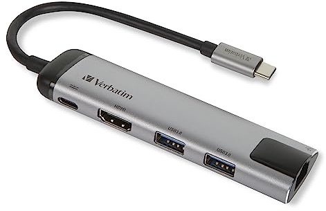 Verbatim USB-C™ Multiport-Adapter mit USB 3.0 - HDMI, 4K, Gigabit Ethernet-Anschluss, USB-C-Hub mit Schnellladeanschluss, kompatibel mit Laptop und MacBook, 49141