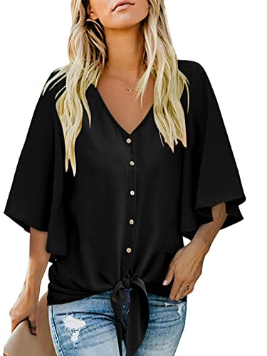 Aokosor Womens Blouses Size 12-14 Black Shirts Ladies Plus Size Going Out Tops Smock Chiffon V Neck 3/4 Bell Sleeve Summer Button
