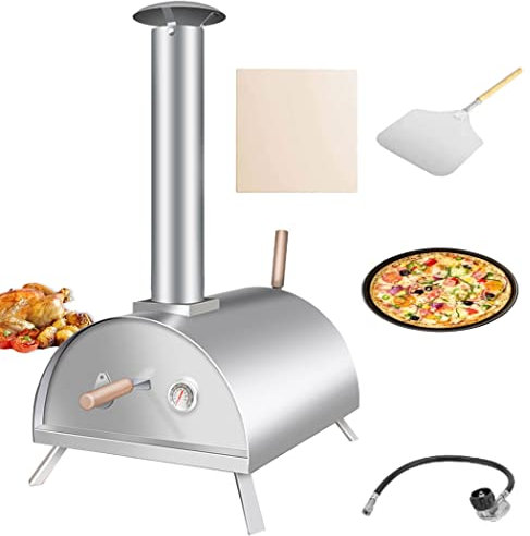 0℃ Outdoor Horno de Pizza de Leña para Exteriores, Horno Portátil de Acero Inoxidable con Piedra para Pizza, Termómetro Incorporado, Horno de Pellet para Pizza de Acero Inoxidable Horno Leña