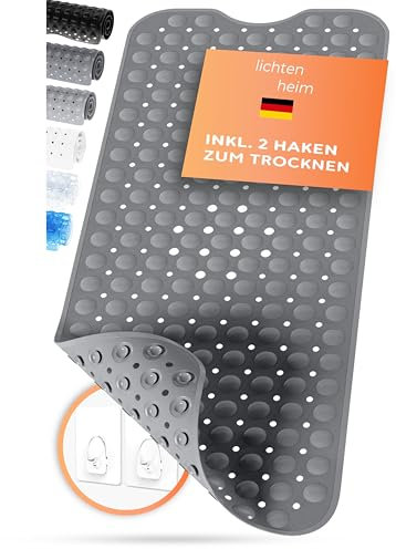 LICHTENHEIM Duschmatte rutschfest Sensitiv 100x40 cm - INKL 2 Haken - Badewannenmatte rutschfest - Antirutschmatte Badewanne BPA frei - Badematte schimmelresistent & waschbar (Anthrazit)