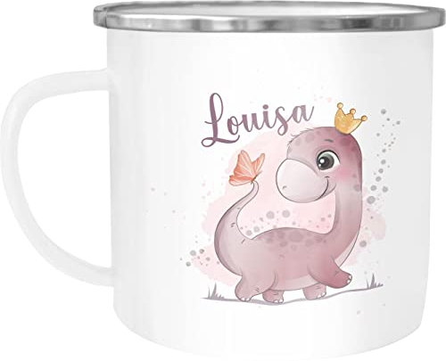 SpecialMe® Kinder-Tasse Emaille Dino Dinosaurier Schmetterling personalisierte Tasse mit Name individuelle Geschenke Mädchen emaille-weiß-silber standard