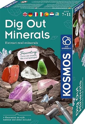 Kosmos 617202 Mineralien Ausgrabungs-Set, Grabe echte Mineralien selbst aus, mit Hammer und Meißel, 5 faszinierende Schmucksteine, Experimentierset für Kinder ab 7 Jahre, Mehrsprachig