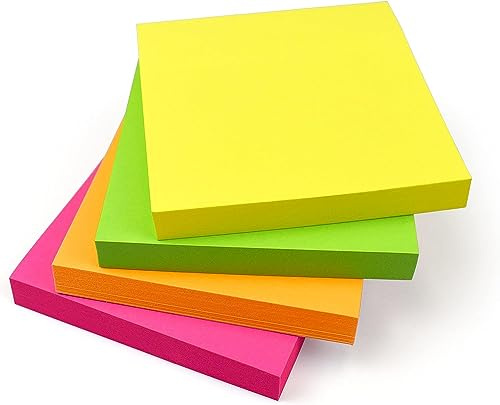 400 Bright Sticky Notes 76x76mm (3x3) 4 Pads of 100 Sheets - Colourful Memo Notes in Yellow, Pink, Orange, Green or Peach - Note-Taking, Reminders, Checklist
