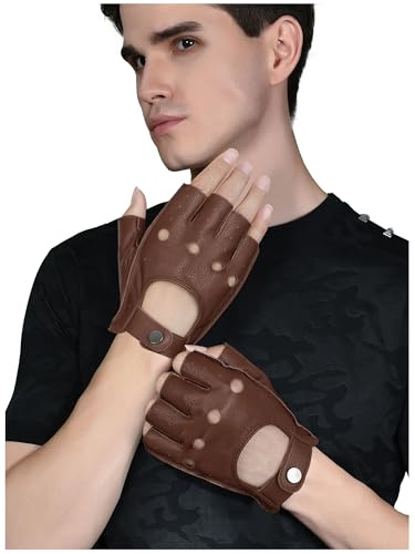 GSG SINCE 1998 – Gants Homme Sans Doigts en Cuir d’Agneau, Demi-Doigts Non Doublés, Respirants, pour Conduite, Vélo et Moto - Marron L