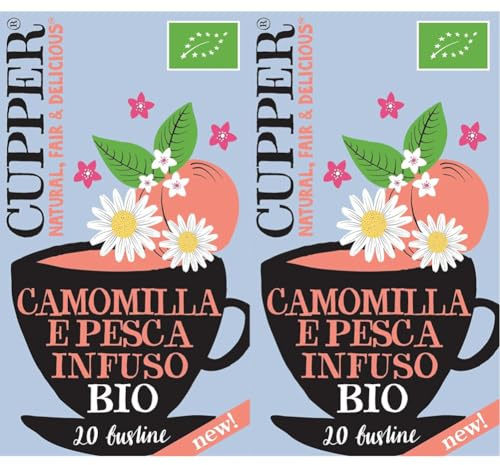 CUPPER Infuso Camomilla e Pesca Ingredienti da Agricoltura Biologica, Tisana Rilassante Fruttata e Delicata, Gusto Avvolgente, Filtri 100% Biodegradabili, Confezione da 40 Bustine