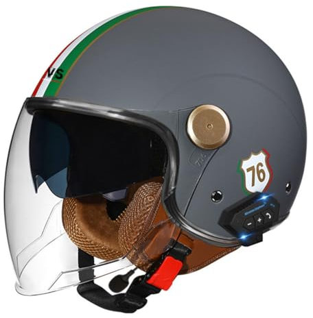 Bluetooth Motorradhelm Halbhelm 3/4 Retro Motorrad Jethelme Roller-Helm Mit Doppeltes Visier Brain-Cap Offener Helm Scooter-Helm DOT/ECE-Zugelassen Halbschalenhelm Für Damen Herren 6,L:59-60CM