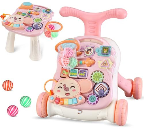 2 in 1 Lauflernhilfe zum Sitzen und Stehen für 12-36 Monate, Laufwagen, Activity Center, Abnehmbare Spielplatte, Baby Walker Regulierbarer Geschwindigkeit, Musikspielzeug, Rosa
