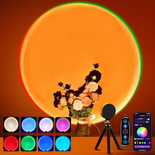 MeRGBW-Home Sunset Lamp Projektor Mehrfarbige, Sonnenuntergang Lampe USB Anschluss, Schaltertaste und APP-Steuerung, 360-Grad-Drehung Sonnenlicht Lampe für Schlafzimmer, Fotografie, Party, Muttertag