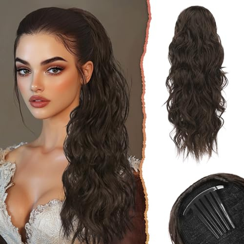 Sofeiyan Coda di Cavallo Capelli Extension con Coulisse,60cm Castano Scuro Ondulati Posticci per Capelli Sintetici Pettini Clip in Coda Cavallo Extension Capelli per Donna