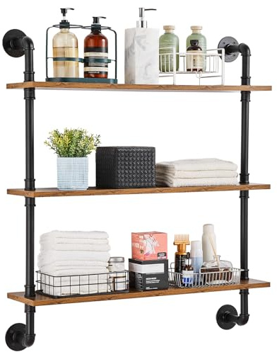 VEVOR Industriell rörhylla, 3 nivåer 81 x 20 cm, väggmonterad, flytande rustika trähyllor, konsol display bokhylla, förvaringsställ diverse hållare för kök sovrum badrum vardagsrum, svart
