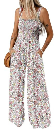Dokotoo Jumpsuit Damen Sommer Blumenmuster Latzhose Casual Lose Overall Leicht Lang Romper Weites Bein Hose Playsuit mit Taschen, hellrosa, L