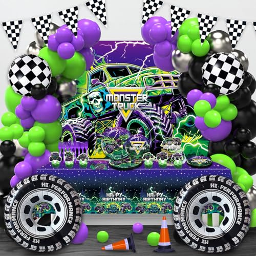 Heidaman 186Pcs Monster Truck Birthday Decorations，Monster Truck Balloon arch，Monster Truck Party decorations，Include Balloon arch,Banner，Backdrop, Cake Toppers，Tableware, Tablecloth