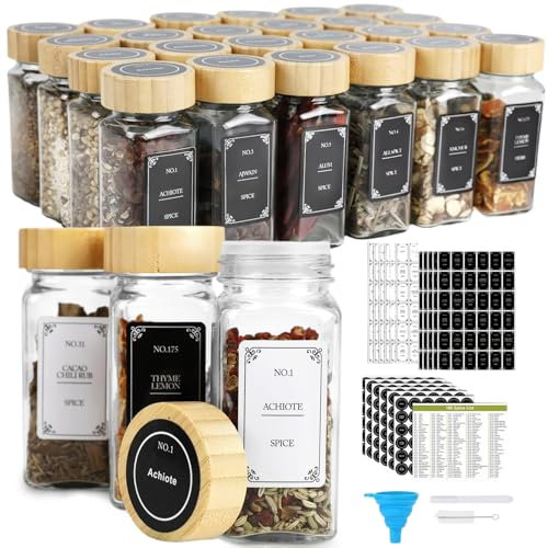 Cozary Pots à Épices – Set de 24 Bocaux à Épices en Verre avec Couvercle Bambou, 648 Étiquettes, Pot à Épices avec Double Ouverture, Idéal pour Rangement Épices et Cuisine