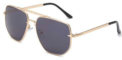 Long Keeper Retro Gafas de Sol Piloto Montura Metal Años 70 Gafas de Sol Cuadrada Hombre Mujer Oversized Gafas de Piloto Vintage Unisex UV400, 60 MM (Oro Montura - Gris Oscuro Lente)