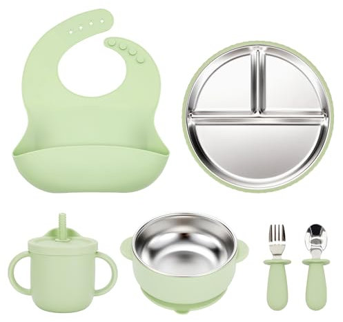Piatto per bambini con ventosa in acciaio inox con forte aspirazione – Set di stoviglie senza BPA per bambini – Ciotole antiscivolo per cibo autonomo – Lavabile in lavastoviglie e certificato CPC