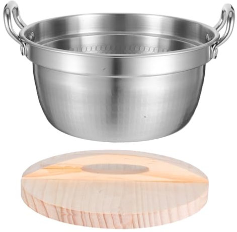 CHICAMPERA Olla para Ramen Inoxidable 1500Ml con Doble Asa Tapa de Madera Resistente para Cocinar Pastas y Guisos Uso Estufas de Gas E Inducción