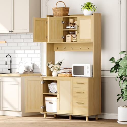 Garvee Rattan Pantry Cabinet, 71 in Kitchen Pantry with Microwave Stand, Freestanding Hutch with Drawers, Doors and Hooks, Boho Storage Cabinet for Dining Room, Kitchen, Living Room, Natural