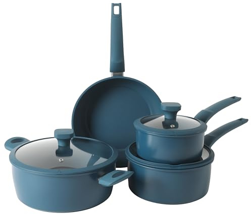 Gibson Home Helensburgh 7-Piece PFA-Free Ceramic Nonstick Carbon Steel Cookware Set – Blue Pots and Pans with Glass Lids, Saucepan, Dutch Oven, Fry Pan