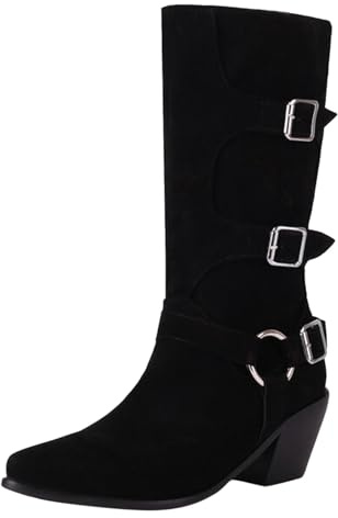 Generisch Stivali invernali da donna a mezza altezza, eleganti stivali in pizzo, scarpe invernali Slouch, stivaletti casual invernali, stivali occidentali, stivali corti da mezza stagione, Nero , 41