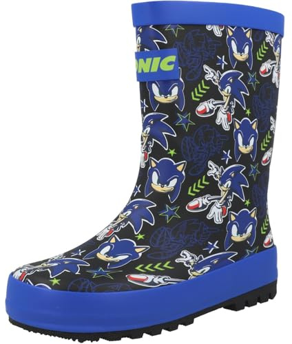 Sonic The Hedgehog Stivali di gomma impermeabili per bambini, con licenza ufficiale, con suola antiscivolo, stampa di personaggi blu, scarpe da ginnastica per bambini, taglia 40 a 1, Blu, 28 EU