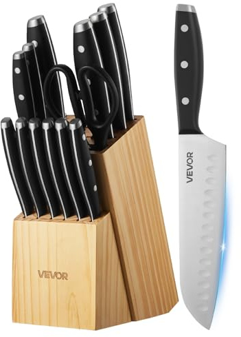 VEVOR Juego de Cuchillos de Acero Inoxidable de Alto Carbono, con Bloque de Madera y Afilador, con Mangos Ergonómicos y Tijeras de Cocina para Cocineros Caseros, 180 x 107 x 330 mm, 15 Piezas