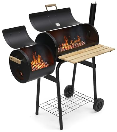 Barbecue a Carbone con Affumicatore Laterale e Camino, 2 Griglie in Acciaio Inox, Termometro Integrato e Ripiani in Legno, BBQ Smoker da Giardino con Ruote