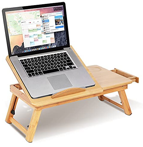 Tavolino da Letto per PC in Bambù, Regolabile in Altezza e Inclinazione, Pieghevole, Portatile, 50x30x20cm