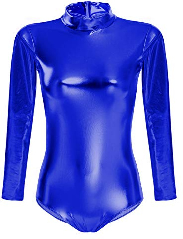 Donna Corpo in Pelle di Danza Balletto Ginnastica, Body Elastico A Manica Lunga Collo Alto Lucido Metallizzato Ginnastica Body con Cerniera Leotards Bodysuit Un Pezzo Casuale Jumpsuits Blu Reale M