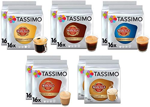 Tassimo Café Marcilla Selección de café - Marcilla Café con Leche/Cortado/Espresso/Café Largo/Espresso Descafeinado Cápsulas de café - 10 paquetes (160 porciones)