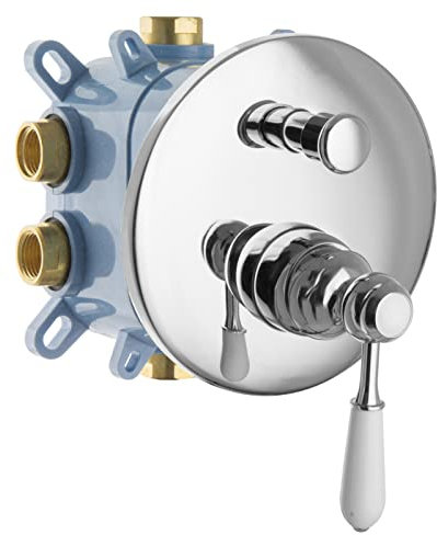 PaulGurkes Retro Unterputzarmatur Montagebox Duscharmatur Wannenarmatur 2-Wege Umsteller verchromt Bad Armatur für Wanne und Dusche 2 Verbraucher Nostalgie Vintage Landhausstil Keramikgriff Einbaubox