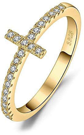 JewelryPalace Croix Bague Taille Rond Cubic Zirconium Pierre Argent 925 Femme, Plaque Or Jaune Bague Fiançailles Mariage Promise Alliance, Ensemble Bijoux Mariee