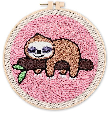 Figured'Art Punch Needle Kit Complet pour Adultes et Enfants - Paresseux sur une Branche - Parfait pour Débutant. Set prêt à broder taille 20x20cm avec cadre circulaire