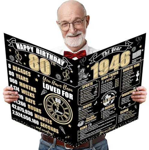 Turypaty Large 80th Birthday Card With Envelope for Men Women, 1946 Black Gold Happy 80th Birthday Giant Guest Signature Book Gifts, Big Vintage 1946 80 Greeting Card Decoration Party Supplies
