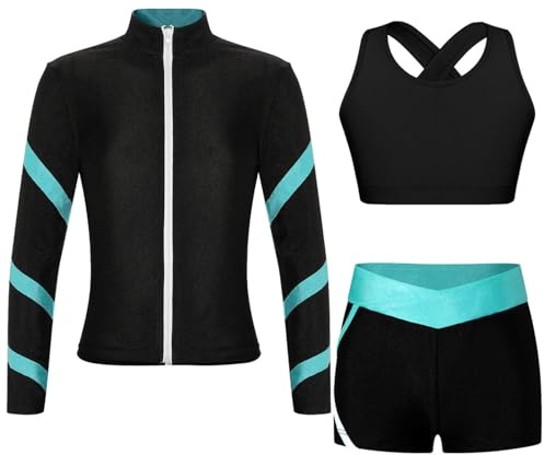Jugaoge Mädchen Eiskunstlauf Kleidung Set Sport BH Racerback Bra und Kurze Hose Stehkragen Jacke mit Zipper Tanzjacke Fitness Gym Outfits Schwarz&Blau Grün 134-140