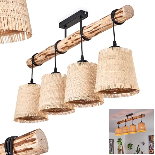 Soungou Ceiling Light, Modern Ceiling lamp Made of Wood/Metal/Bast in Natural/Black/Beige, 4-Light Ceiling Light in Scandinavian Design, 4 x E27, Height max. 82 cm, Without Bulbs