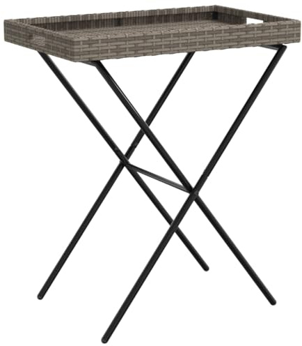 vidaXL Grey Poly Rattan Folding Tray Table - Detachable Serving Tabletop, Portable UV- Side Table for Garden, Patio