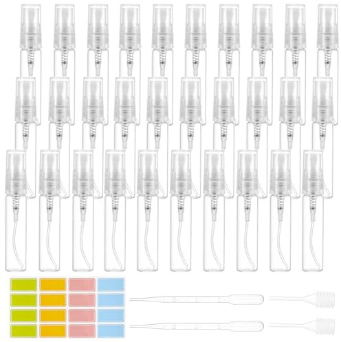 Yamitora 30 Stück Parfum Zerstäuber für Unterwegs 5ml, Mini Sprühflasche mit 2 Tropfer 2Trichter Pipetten und Etikettenaufkleber, Parfümzerstäuber Nachfüllbar für Wasser, Alkohol, Parfüm, Kosmetik