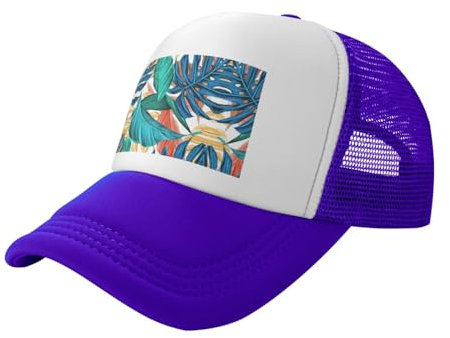 MDATT Men Women Washed Adjustable Dad Hat for Outdoors,Flat Bill Snapback with High Ponytail Design,Tropical Palm Tree Leaf Print Purple