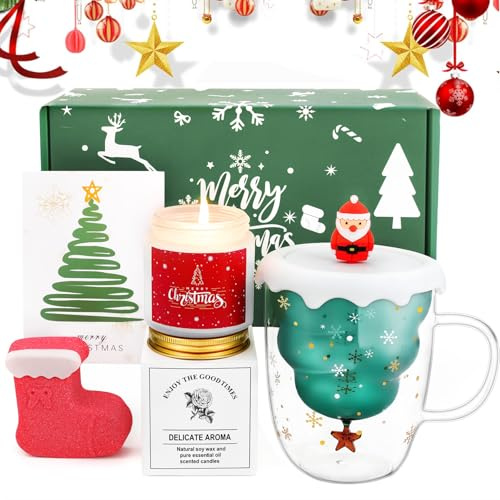 JORTINE Weihnachtstasse Geschenkset, Doppelwandige Kaffeebecher 300ml Weihnachtsgeschenke,Weihnachten Duftkerze Badesalz Geschenk für Beste Freundin Schwester Kollegin Mama,Christmas Mug Gifts