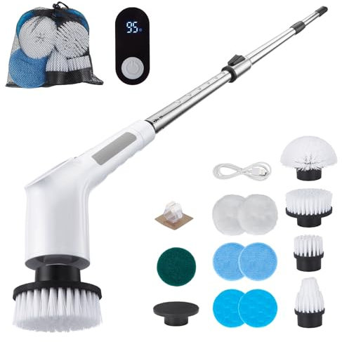 FIXM Cepillo Electrico para Baño Inalámbrica, Potente Limpiador para Ducha, Bañera, Azulejos y Paredes, 11 Cabezales, Mango Ajustable, 2 Velocidades, Pantalla LED, Ideal para Baño y Cocina