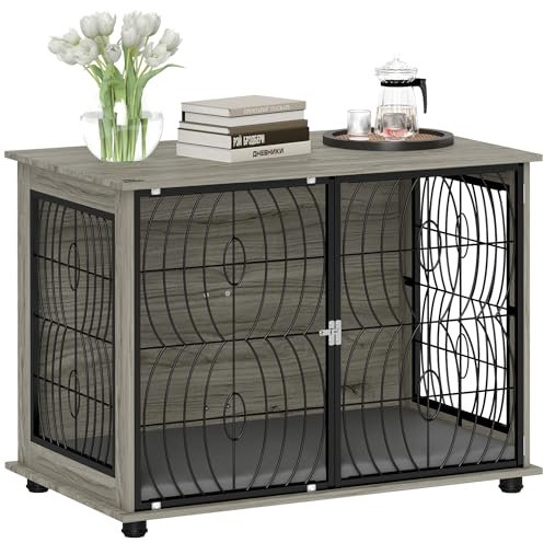 PawHut Hundekäfig für Zuhause, Hundehütte, Indoor Haustierkäfig mit Kissen, Hundehaus mit Fenster, Hundebox für große Hunde, Grau, 100 x 60 x 73,5 cm