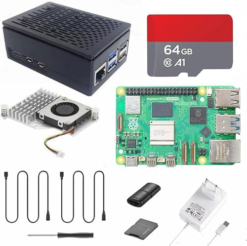 Vemico Raspberry Pi 5 16Go Starter Kit 64GO Carte Raspberry Pi5 Boîtier avec Active Cooler Alimentation 27W 5.1V5A USB-C 2 Câbles HD Out Lecteur de Carte Tournevis