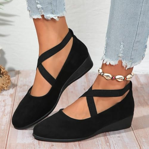 Women'S Ballet Flats & Pumps Comfy Elastic Crisscross Strap Wedge Slip-On Shoes, Womens Ballerina Ankle Elastic Crossing Strap Round Toe Comfy Pump
