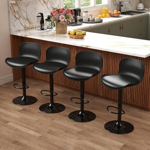 Flysky Taburete de Bar Juego de 4, Silla giratoria 360°, Regulable en Altura, Taburete de Bar con Respaldo y reposapiés, Taburete de Cocina imitación Cuero 120kg, Negro
