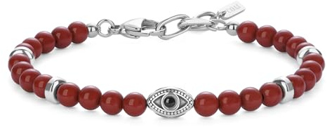 COAI Bracciale da Uomo con Amuleto Portafortuna Occhio Turco e Perline di Diaspro Rosso, Bracciale Malocchio da Uomo in Pietre Dure