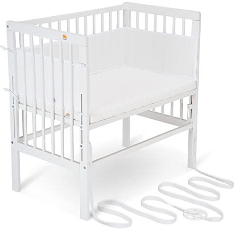 FabiMax Baby Beistellbett für Boxspringbetten, stufenlos höhenverstellbar, Buchenholz massiv weiß lackiert (mit Matratze Comfort, Weiß)
